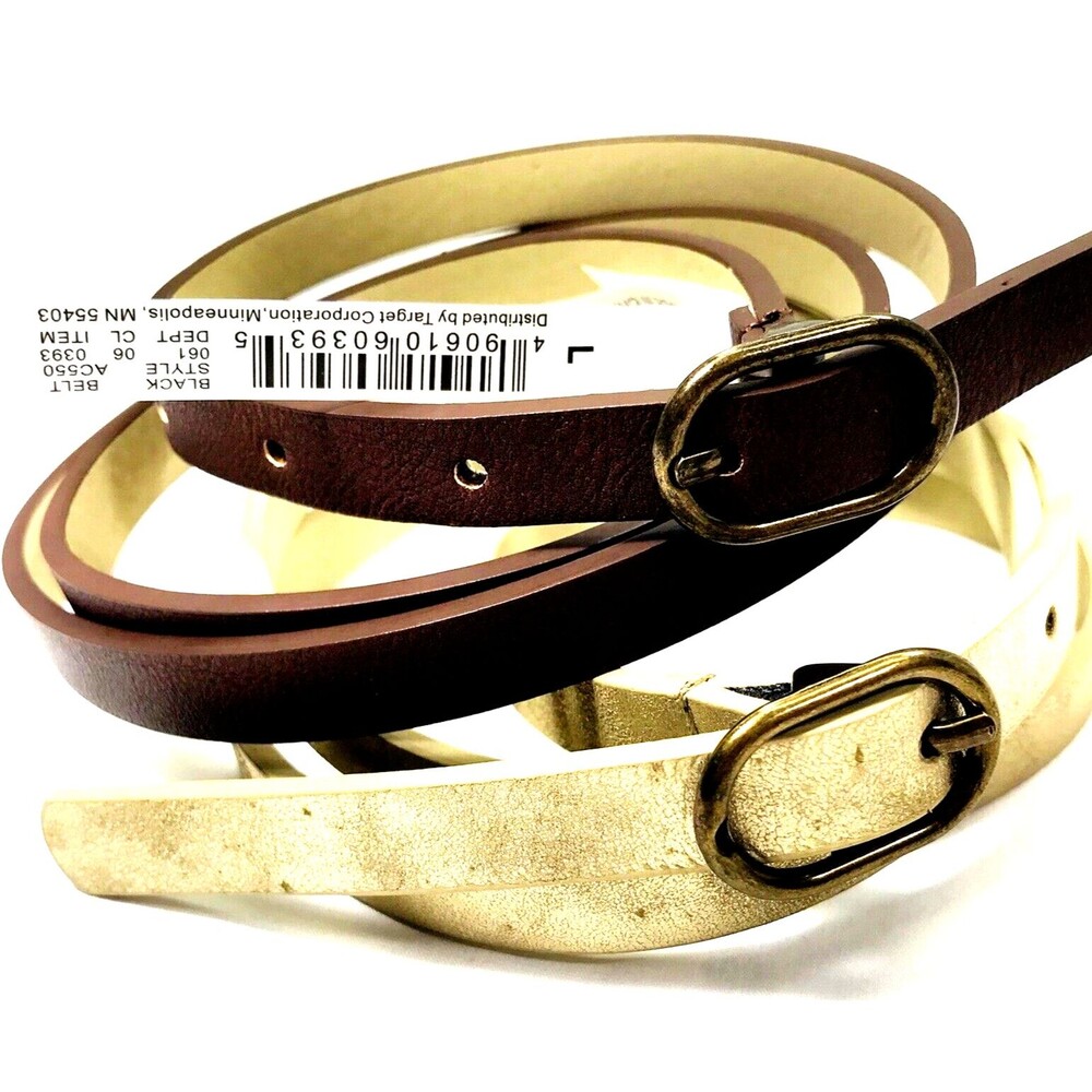Skinny Belts 2 Target L fits 34"-39" Metallic Gold Brown is New 1/2 inch Preppy